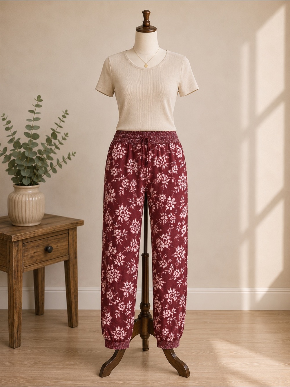 NWT Women'secret Burgundy Floral Lounge Jogger Pants Smocked Waist Women's Small